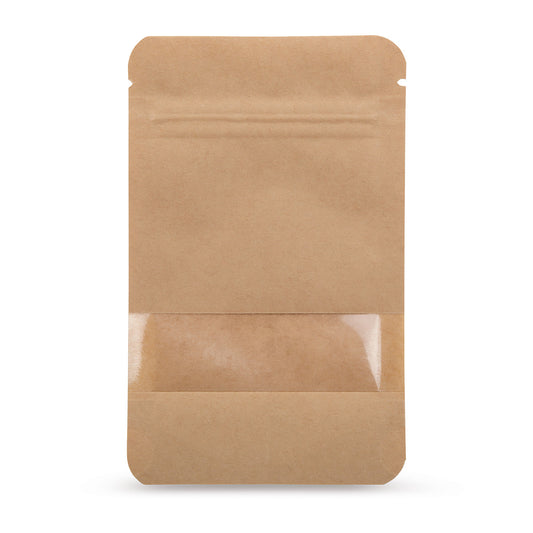 Stazakken kraftpapier met kijkvenster — Vooraanzicht van de zak met kijkvenster, kraftpapier-uitstraling van Elke Plastic