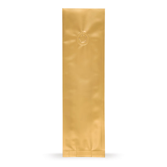 Zijvouwzakken goud met aroma-beschermventiel — Vooraanzicht van de zak met aromaventiel, aromabescherming van Elke Plastic