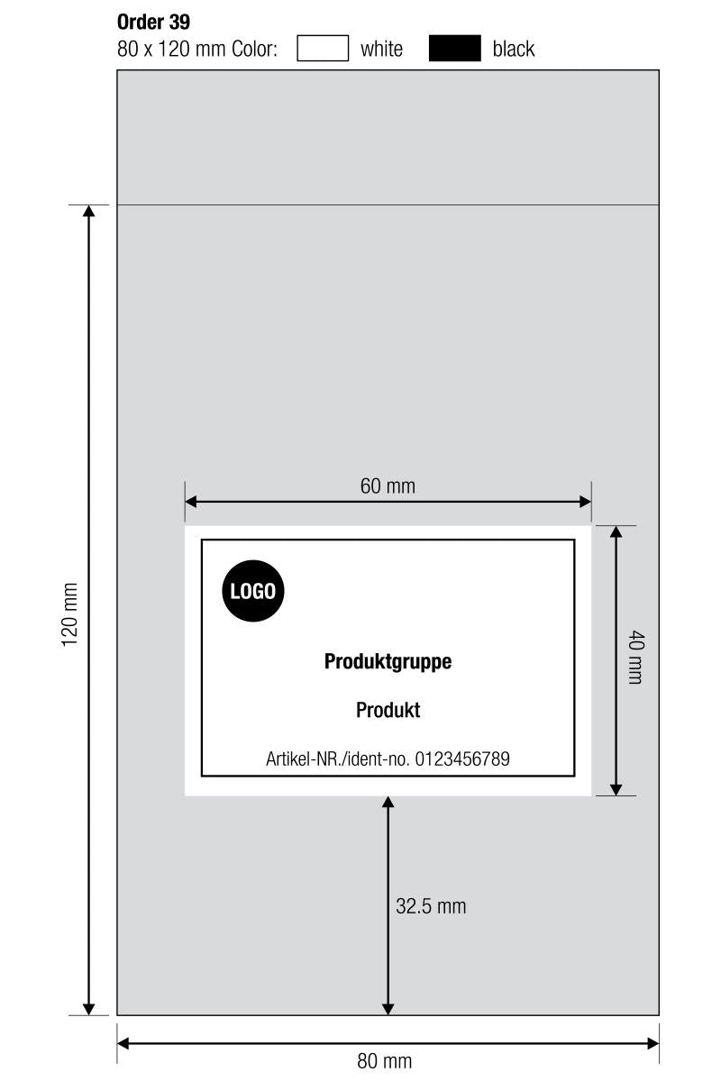 Voorbeeldschets van een maatwerkproduct met afmetingen van de zak (80×120 mm) en het bedrukkingsgebied (60×40 mm)