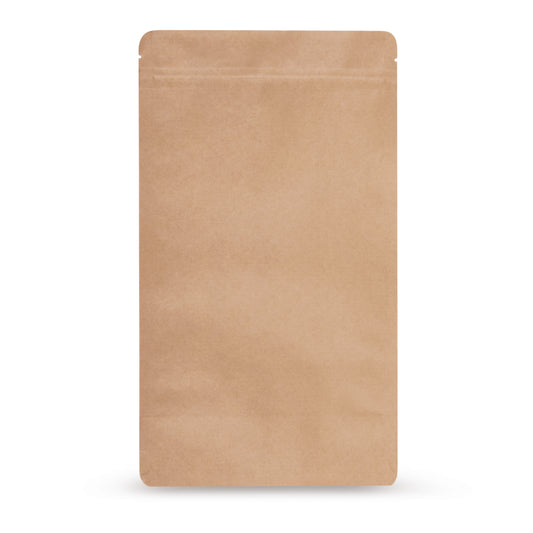 Stazak kraftpapier aluminiumvrij — Vooraanzicht van de zak met aluminiumvrij barrièrelaminaat en kraftpapierlook van Elke Plastic